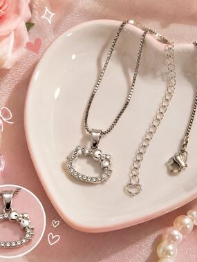 Y2K Hello Kitty Silver Crystal Outline Pendant Necklace New